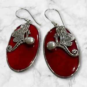 Sterling silver coral butterfly earrings with pearl accent